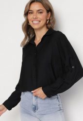 Czarna Koszula Oversize z Rękawami z Możliwością Podpięcia Sorria. Czarne koszule damskie Born2be, m, bez wzorów, z jeansu, eleganckie, bez kołnierzyka, bez ramiączek. Za 49.99 zł.