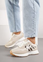 Beżowo-Brązowe Sneakersy z Geometrycznym Wzorem w Krowie Łaty Rilestra. Brązowe obuwie sportowe damskie Born2be, na lato, z jeansu, bez zapięcia, trekkingowe. Za 99.99 zł.