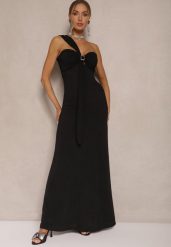 Czarna Asymetryczna Sukienka Koktajlowa Ozdobiona Metaliczną Aplikacją Divianis. Czarne sukienki damskie Renee, z aplikacjami, eleganckie, bez ramiączek. Za 139.99 zł.