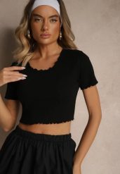 Czarny T-shirt z Bawełną z Prążkowanej Dzianiny Adlesse. Czarne t-shirty damskie Renee, l, bez wzorów, z bawełny, bez kołnierzyka. Za 39.99 zł.