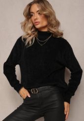 Czarny Puchaty Golf z Długim Rękawem i Ściągaczami Caelina. Czarne golfy damskie Renee, m, bez wzorów, z dzianiny, bez ramiączek. Za 79.99 zł.