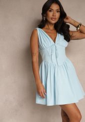 Niebieska Rozkloszowana Sukienka Vices Bez Rękawów Zdobiona Kokardką Folawenna. Niebieskie sukienki damskie Renee, z aplikacjami, eleganckie, bez ramiączek. W wyprzedaży za 99.99 zł.