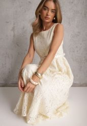 Beżowa Koktajlowa Sukienka z Koronki z Bawełną i Wiskozą Ozdobiona Paskiem Chaleite. Brązowe sukienki damskie Renee, bez wzorów, z bawełny, eleganckie, bez ramiączek. Za 259.99 zł.