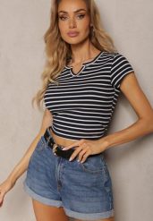 Granatowo-Biały T-shirt z Bawełny z Krótkim Rękawem i Ozdobnym Wycięciem Relenna. Niebieskie t-shirty damskie Renee, m, bez wzorów, z bawełny, bez kołnierzyka. Za 39.99 zł.