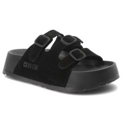 Klapki damskie Big Star, cholewka z materiału tekstylnego z dwoma regulowanymi paskami i sprzączkami, czarne, TT274531. Czarne klapki damskie Big Star, bez wzorów, bez obcasa, bez zapięcia. Za 197.90 zł.