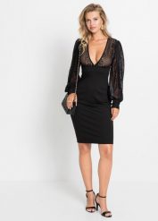 Dopasowana sukienka midi z koronką. Czarne sukienki damskie bonprix, bez wzorów, z koronki, bez ramiączek. Za 144.99 zł.