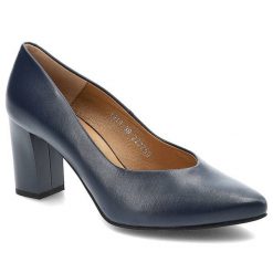 Granatowe Czółenka Clasicco Eleganckie Skórzane Buty. Niebieskie czółenka damskie Clasicco, z aplikacjami, ze skóry, bez obcasa, na słupku. Za 322.99 zł.
