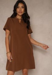 Brązowa Trapezowa Sukienka Mini z Krótkim Rękawem i Kieszeniami Vrea. Brązowe sukienki damskie Renee, bez wzorów, eleganckie, bez ramiączek. W wyprzedaży za 75.99 zł.