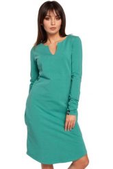 Sukienka dresowa trapezowa midi z długim rękawem zielona bawełna. Zielone sukienki damskie Sukienki.shop, bez wzorów, z bawełny, biznesowe, bez ramiączek. Za 129.00 zł.