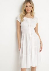 Biała Bawełniana Rozkloszowana Sukienka z Guzikami i Bufiastymi Rękawami Annivi. Białe sukienki damskie Born2be, bez wzorów, z bawełny, eleganckie, bez ramiączek. Za 69.99 zł.