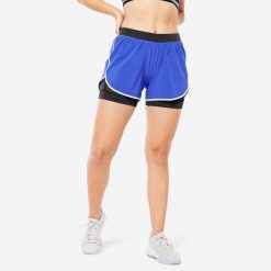 Spodenki fitness cardio damskie Domyos FST 900. Niebieskie spodenki sportowe damskie DOMYOS, l, bez wzorów, z materiału, na fitness i siłownię. Za 59.99 zł.