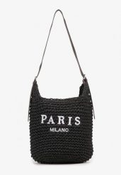 Czarna Shopper Torebka z Plecionki Ozdobiona Napisem Galanala. Czarne shopper bag Renee, bez wzorów, z jeansu, bez dodatków. Za 74.99 zł.