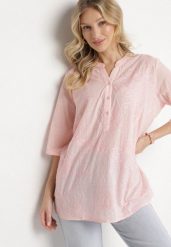 Jasnoróżowa Haftowana Koszula z Bawełny z Podwijanymi Rękawami Aradwena. Czerwone koszule damskie Born2be, l, bez wzorów, z bawełny, eleganckie, bez kołnierzyka, bez ramiączek. Za 64.99 zł.