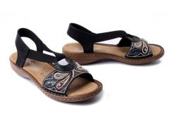 RIEKER 608B4-00 black, sandały damskie. Czarne sandały damskie Rieker, bez wzorów, z gumy, bez obcasa, bez zapięcia. Za 239.92 zł.
