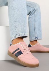 Różowe Sneakersy Typu Tenisówki Ozdobione Paskami Amolana. Czerwone obuwie sportowe damskie Renee, z jeansu, bez zapięcia, tenisowe. Za 74.99 zł.