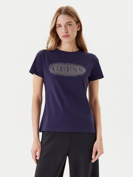 Guess T-Shirt V5YI08 J1314 Granatowy Regular Fit. Niebieskie t-shirty damskie Guess, s, z aplikacjami, z bawełny, bez kołnierzyka. Za 89.99 zł.