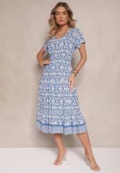 Niebieska Rozkloszowana Sukienka z Bawełny w Print Paisley Lanarisa. Niebieskie sukienki damskie Renee, bez wzorów, z bawełny, eleganckie, bez ramiączek. W wyprzedaży za 43.99 zł.