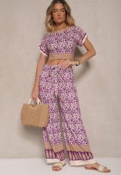 Fioletowy Komplet z Bawełny w Print Boho Szerokie Spodnie i Koszulka Telanitha. Fioletowe koszulki damskie Renee, l, bez wzorów, z bawełny, bez kołnierzyka, bez ramiączek. Za 44.99 zł.
