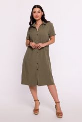 Oliwkowa Sukienka Koszulowa Midi. Zielone sukienki damskie MOE, bez wzorów, z materiału, biznesowe, bez ramiączek. Za 363.90 zł.