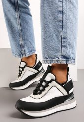 Czarno-Białe Sneakersy na Ukrytym Koturnie z Metaliczną Blaszką i Napisem Yenavra. Czarne obuwie sportowe damskie Born2be, bez zapięcia, trekkingowe. Za 169.99 zł.
