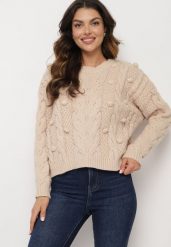 Beżowy Sweter z Wiskozą i Wełną Aplikacją 3D i Tłoczeniem Vaishira. Brązowe swetry klasyczne damskie Born2be, na zimę, m, z wełny, bez kołnierzyka. Za 89.99 zł.