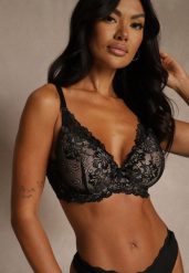 Czarno-Beżowy Koronkowy Biustonosz w Klasycznym Stylu Coralee. Czarne biustonosze Renee, z aplikacjami, z koronki. Za 29.99 zł.