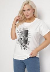 Biały Bawełniany T-shirt z Metalicznym Nadrukiem Farilna. Białe t-shirty damskie Born2be, uniwersalny, bez wzorów, z bawełny, bez kołnierzyka. Za 39.99 zł.