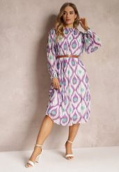 Fioletowa Sukienka Ozdobiona Wzorem i Plisowaniem z Paskiem w Komplecie Bertina. Fioletowe sukienki damskie Renee, bez wzorów, eleganckie, bez ramiączek. W wyprzedaży za 104.99 zł.