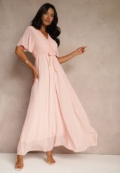 Jasnoróżowa Sukienka Maxi bez Rękawów z Gumką w Talii z Plisowanej Tkaniny Pesstia. Czerwone sukienki damskie Renee, bez wzorów, z tkaniny, bez ramiączek. Za 149.99 zł.