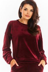 Welurowa Bluza z Logowaną Taśmą - Bordowa. Czerwone bluzy damskie Awama, l, bez wzorów, z materiału, bez kaptura. Za 209.90 zł.