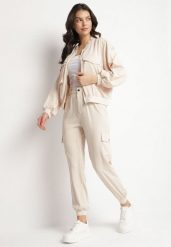 Beżowy Komplet Dresowy w Stylu Cargo Spodnie i Bluza z Imitacją Kieszeni Ivelhiris. Brązowe bluzy damskie Born2be, l, bez wzorów, z dresówki, bez kaptura. Za 119.99 zł.