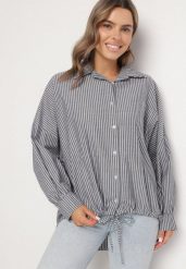 Ciemnoszara Bawełniana Koszula Oversize w Paski ze Ściągaczem Elineola. Szare koszule damskie Born2be, uniwersalny, bez wzorów, z bawełny, eleganckie, bez kołnierzyka, bez ramiączek. Za 129.99 zł.