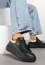 Czarno-Złote Sneakersy na Niskim Koturnie Zdobione Metalicznymi Wstawkami Alirisa. Czarne obuwie sportowe damskie Renee, z jeansu, bez zapięcia. Za 74.99 zł.