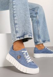 Niebieskie Sznurowane Sneakersy Vices na Platformie z Tłoczeniem i Metaliczną Aplikacją Lavfedi. Niebieskie obuwie sportowe damskie Renee, z jeansu, bez zapięcia. Za 109.99 zł.