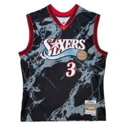 Marmurowa koszula Philadelphia 76ers NBA Team Swingman 2000/01. Czarne koszule damskie Mitchell & Ness, bez wzorów, z poliesteru, sportowe, bez kołnierzyka, bez ramiączek. Za 636.50 zł.
