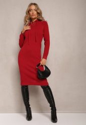 Bordowa Wełniana Sukienka w Prążki z Kapturem Opiuda. Czerwone sukienki damskie Renee, bez wzorów, z wełny, eleganckie, bez ramiączek. Za 89.99 zł.