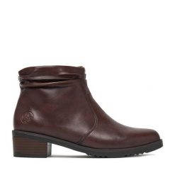 Botki Rieker. Brązowe botki damskie Rieker, bez obcasa, na słupku, bez zapięcia. Za 349.99 zł.