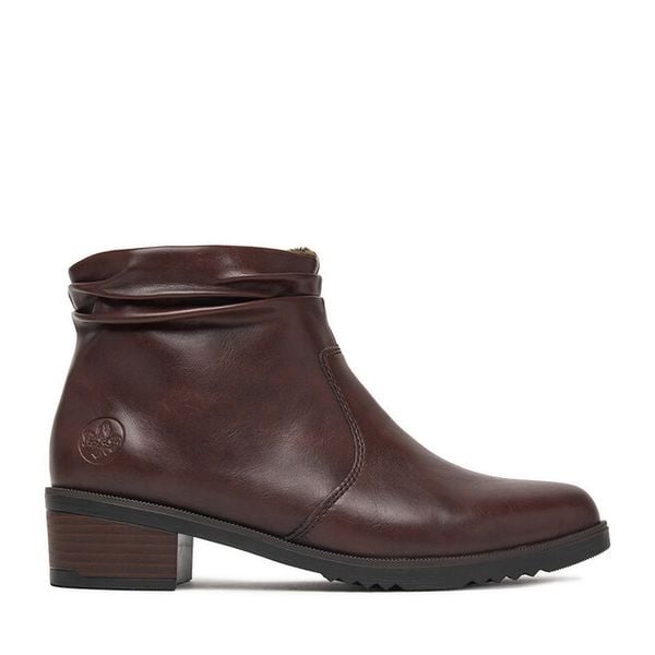 Botki Rieker. Brązowe botki damskie Rieker, bez obcasa, na słupku, bez zapięcia. Za 349.99 zł.