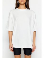 Trendyol Koszulka w kolorze kremowym rozmiar: M. Brązowe bluzki damskie Trendyol, m, bez wzorów, z bawełny, bez kołnierzyka, bez ramiączek. Za 39.99 zł.