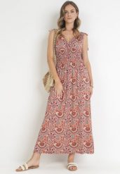 Pomarańczowa Wiskozowa Sukienka Maxi w Kwiaty z Gumką w Pasie Tolira. Brązowe sukienki damskie Born2be, bez wzorów, z wiskozy, bez ramiączek. Za 99.99 zł.