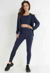 Granatowy Komplet Sportowy 3-częściowy Bluza Legginsy i Top Fika. Niebieskie legginsy sportowe damskie Born2be, l, bez wzorów, z dresówki, trekkingowe. Za 79.99 zł.
