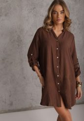 Brązowa Pudełkowa Sukienka Bawełniana Oversize z Dekoltem w Serek Elavellis. Brązowe sukienki damskie Renee, bez wzorów, z bawełny, eleganckie, bez ramiączek. Za 109.99 zł.