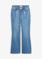 Ludowe jeansy bootcut, mid waist, z haftem. Niebieskie jeansy damskie bonprix. Za 169.99 zł.