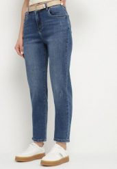 Granatowe Jeansy o Kroju Mom Fit z Wysokim Stanem Mevarelle. Niebieskie jeansy damskie Born2be, bez wzorów, z jeansu. Za 109.99 zł.