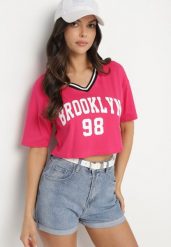 Fuksjowy Bawełniany T-shirt z Napisem Nitanelia. Czerwone t-shirty damskie Born2be, m, bez wzorów, z bawełny, bez kołnierzyka. Za 29.99 zł.