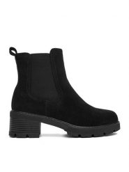 DeeZee Botki V2222-1 Czarny. Czarne botki damskie DeeZee, z materiału, bez obcasa, na słupku, bez zapięcia. Za 189.99 zł.
