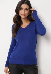 Granatowy Sweter z Bawełną i Dekoltem w Serek Etarevia. Niebieskie swetry klasyczne damskie Born2be, z bawełny, bez kołnierzyka. Za 39.99 zł.