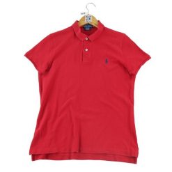 Second life - Krótka koszulka polo z krótkim rękawem dla kobiet - Jak nowy. Czerwone bluzki damskie Ralph Lauren, bez wzorów, sportowe, bez kołnierzyka, bez ramiączek. Za 114.17 zł.