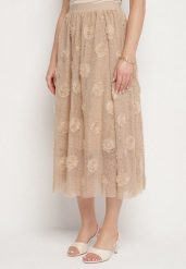 Beżowa Rozkloszowana Spódnica ze Strukturalnej Tkaniny z Gumką w Talii Folenne. Brązowe spódnice damskie Born2be, na co dzień, l, bez wzorów, z tkaniny, eleganckie, midi. Za 89.99 zł.
