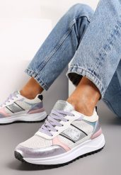 Biało-Srebrne Sznurowane Sneakersy z Brokatem i Siateczką na Grubej Podeszwie Leviria. Białe obuwie sportowe damskie Renee, bez zapięcia. Za 89.99 zł.